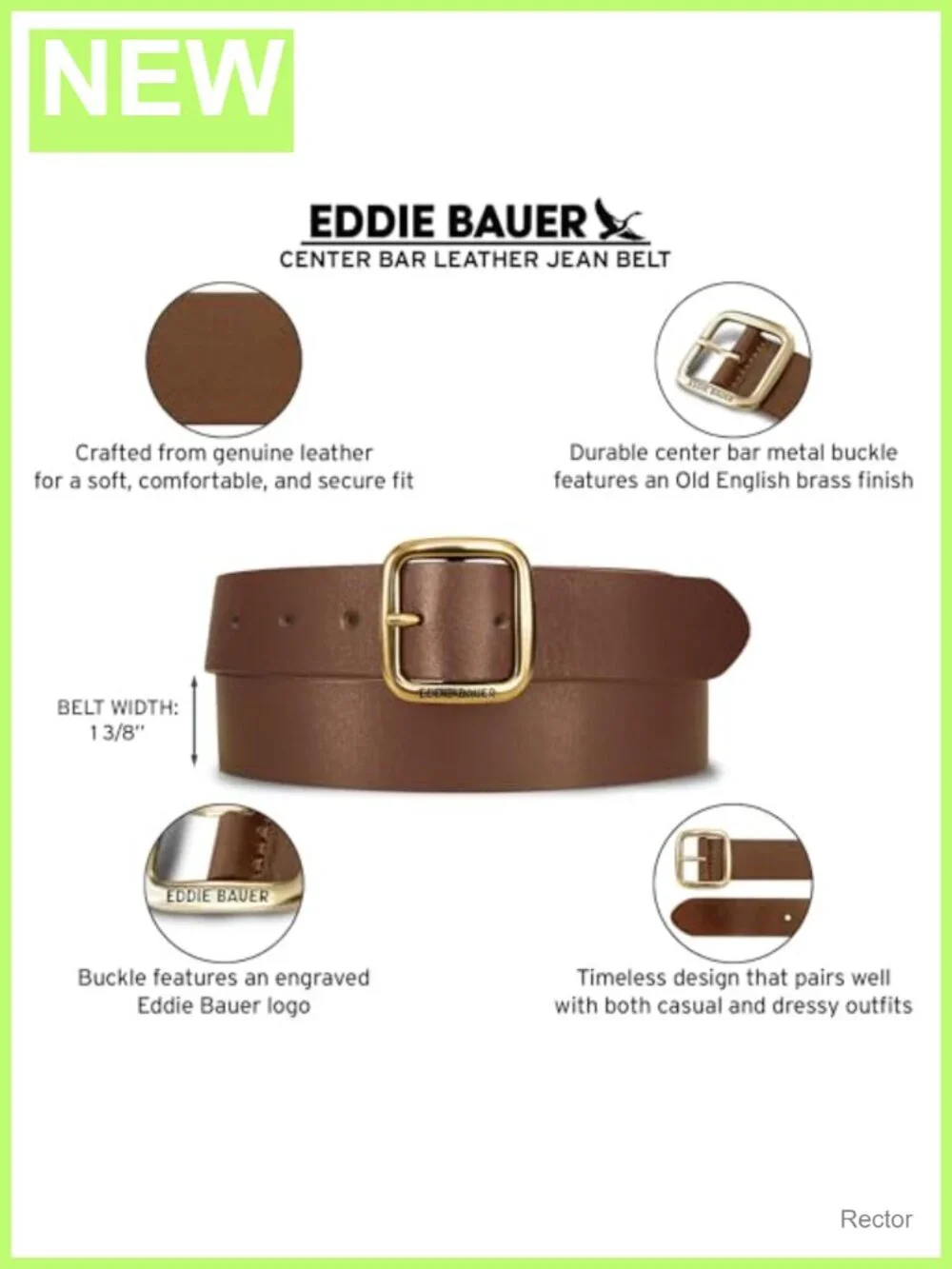 Genuine Buffalo Leather Belt with Brass Buckle, 1-3/8